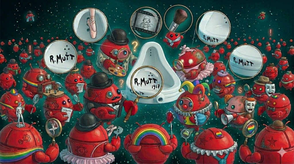 R. MUTT robots debate Duchamp's Fountain